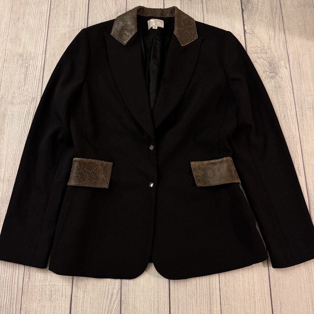 Alberto Makali Women's Size 10 Black Blazer Leather Trim Two Dacron Jacket